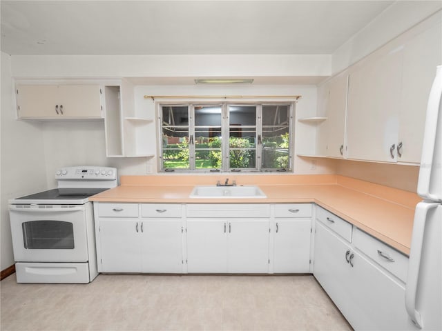 kitchen featuring white cabinetry, sink, and white appliances