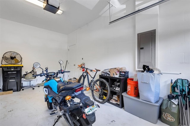 garage with electric panel and a garage door opener