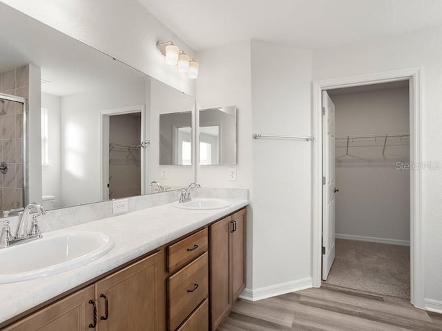 bathroom with vanity, wood-type flooring, and an enclosed shower