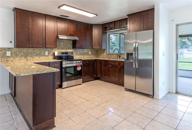 kitchen featuring kitchen peninsula, sink, tasteful backsplash, appliances with stainless steel finishes, and dark brown cabinetry