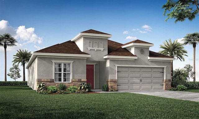 view of front of property with a garage and a front lawn