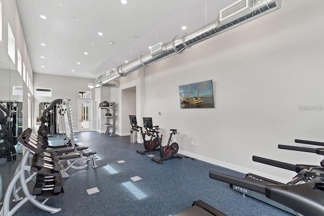 workout area with a high ceiling