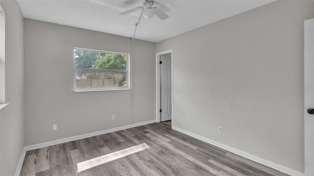 unfurnished room with ceiling fan and wood-type flooring