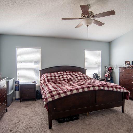 carpeted bedroom featuring ceiling fan and a textured ceiling