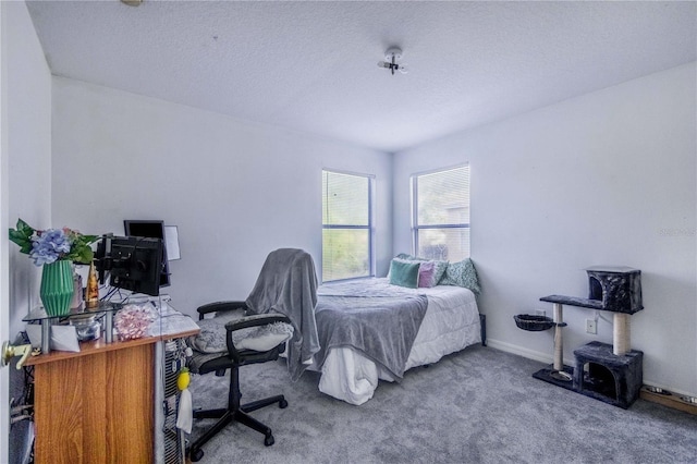 bedroom with carpet floors and a textured ceiling