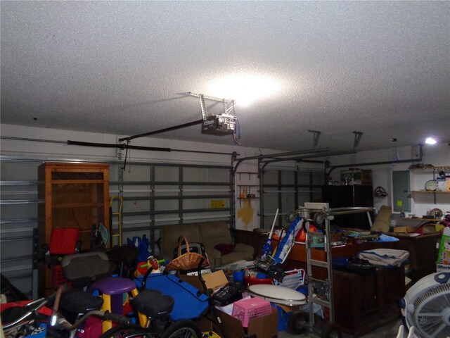 garage with electric panel and a garage door opener