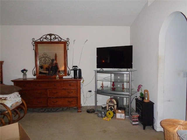 living area featuring carpet and arched walkways