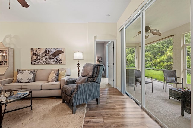 living room featuring ceiling fan and wood-type flooring