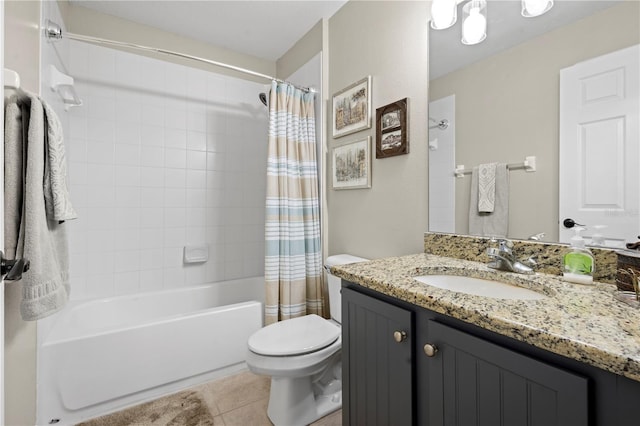 full bathroom featuring toilet, vanity, shower / tub combo with curtain, and tile patterned flooring