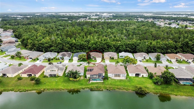 drone / aerial view featuring a water view