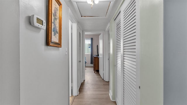 1600 W Lake Parker Dr Unit A2, Lakeland, FL 33805 - hallway featuring baseboards, light wood-style flooring, and attic access