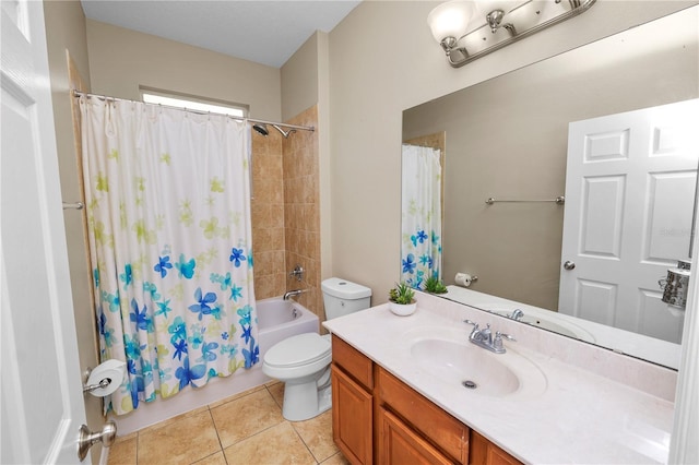 full bathroom featuring tile patterned flooring, vanity, shower / bath combination with curtain, and toilet