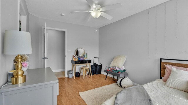 bedroom featuring ceiling fan and light wood-type flooring