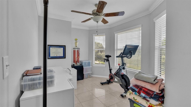 exercise room featuring light tile patterned floors, ornamental molding, and ceiling fan