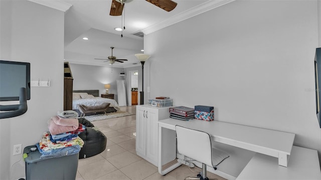 office featuring light tile patterned floors, ornamental molding, and ceiling fan