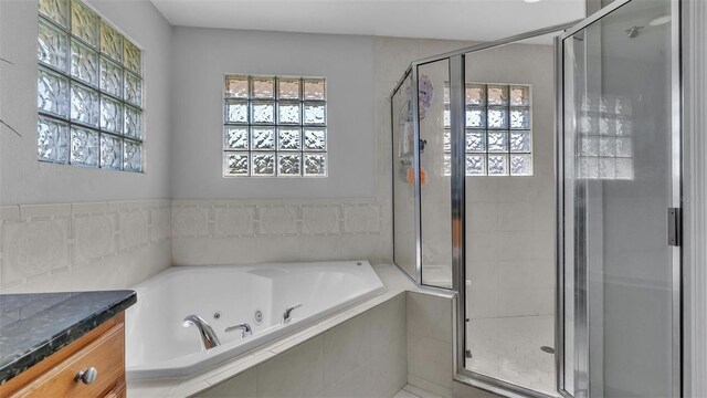 bathroom with vanity, plenty of natural light, and independent shower and bath