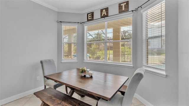 tiled dining space with crown molding