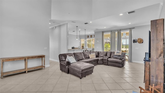 tiled living room with ornamental molding