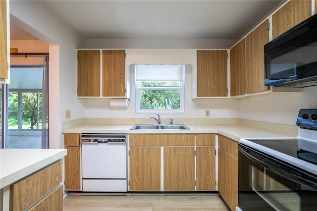 kitchen featuring light hardwood / wood-style floors, dishwasher, electric stove, and a healthy amount of sunlight