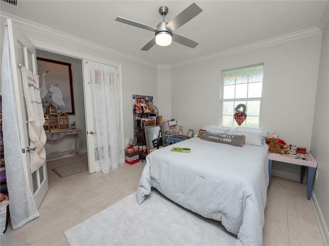 bedroom with ceiling fan and crown molding