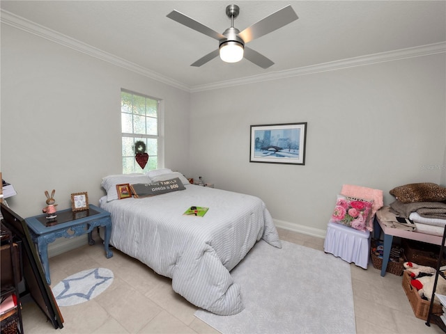 tiled bedroom featuring ceiling fan and ornamental molding