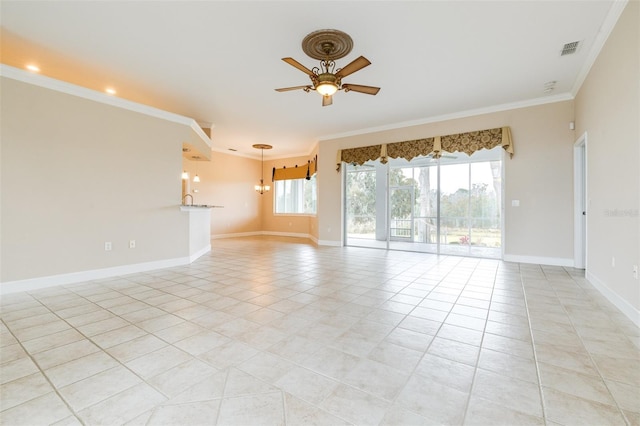 unfurnished living room with light tile patterned floors, ornamental molding, and ceiling fan