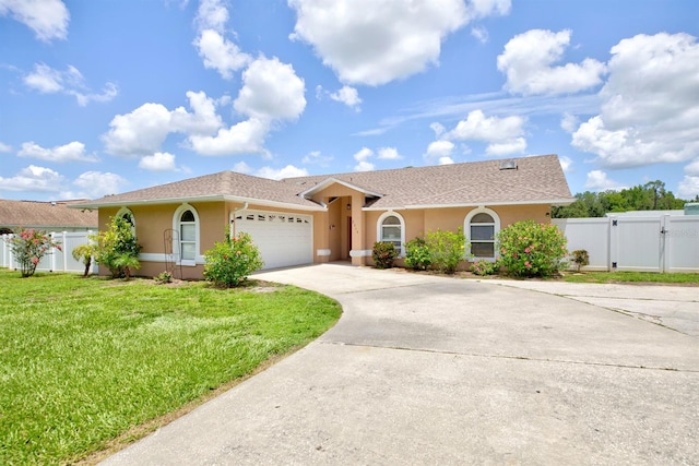 ranch-style home featuring a garage and a front lawn