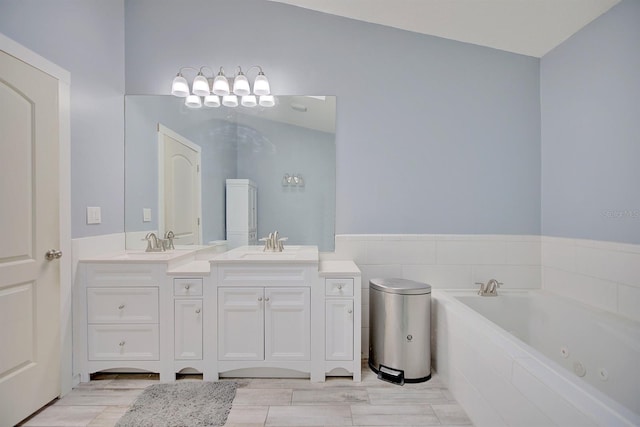 bathroom featuring double sink vanity and vaulted ceiling