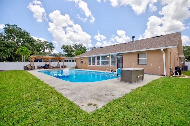 view of swimming pool with a patio area, a yard, and a pergola