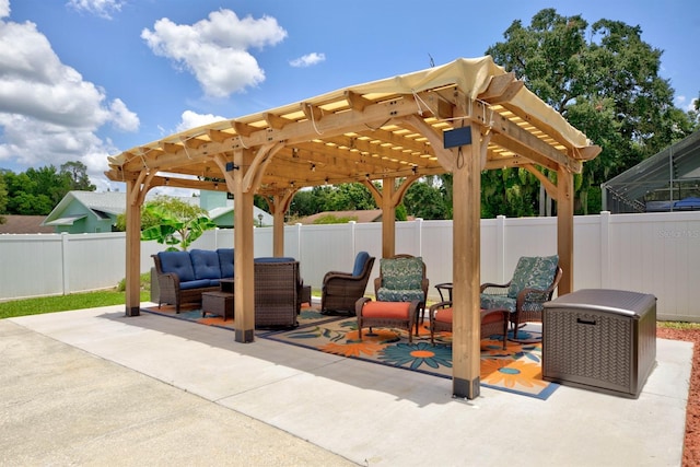 view of patio / terrace with outdoor lounge area and a pergola