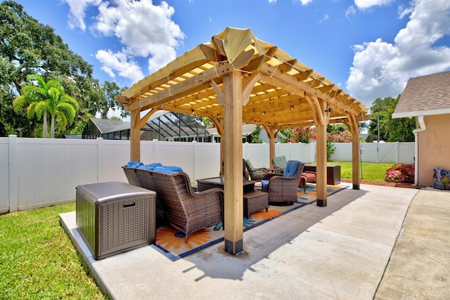 view of patio featuring an outdoor living space and a pergola