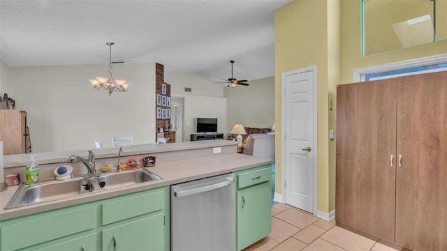 kitchen with dishwasher, sink, hanging light fixtures, vaulted ceiling, and light tile patterned floors