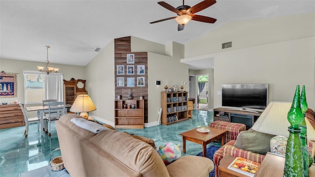 living room featuring ceiling fan with notable chandelier and vaulted ceiling