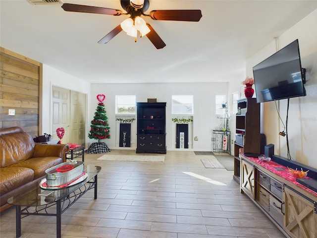 living room featuring ceiling fan