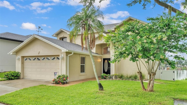 view of front of home featuring a garage and a front lawn