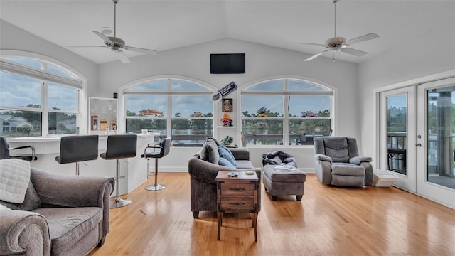 living room featuring light hardwood / wood-style floors, a healthy amount of sunlight, and ceiling fan