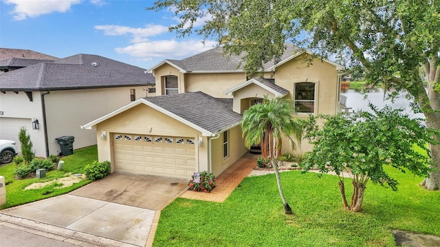 view of front of house featuring a garage and a front lawn