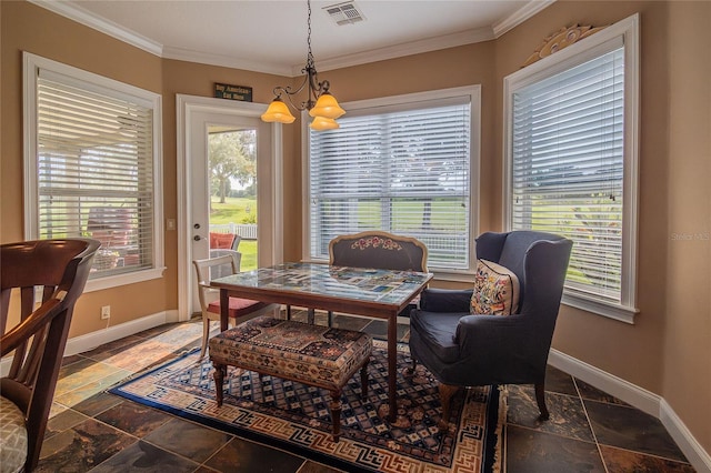 dining room featuring a chandelier, visible vents, baseboards, and stone tile flooring