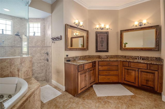 bathroom featuring a walk in shower, a jetted tub, crown molding, double vanity, and a sink