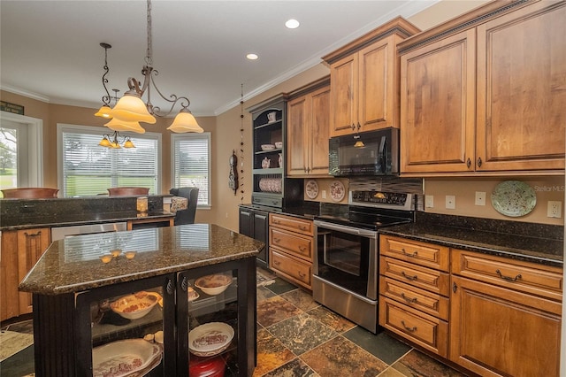 kitchen featuring ornamental molding, open shelves, stainless steel range with electric cooktop, black microwave, and a healthy amount of sunlight