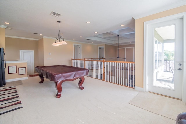 game room with recessed lighting, visible vents, carpet, and crown molding