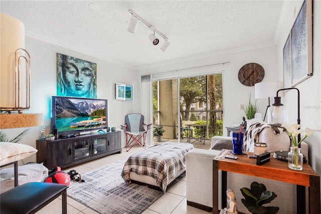 4255 Summer Landing Dr Unit 106, Lakeland, FL 33810 - living area featuring track lighting, crown molding, light tile patterned floors, and a textured ceiling
