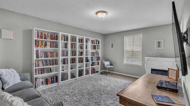 home office featuring a textured ceiling, baseboards, and carpet flooring