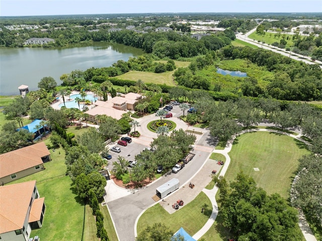 drone / aerial view with a water view