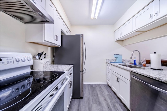 kitchen with white cabinetry, stainless steel dishwasher, white range with electric cooktop, and custom range hood