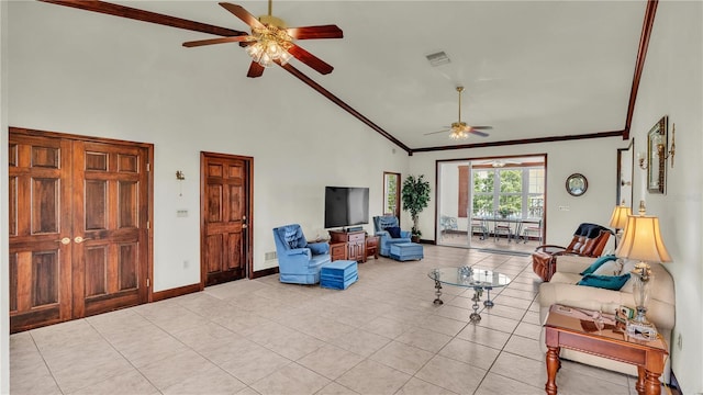 7884 N Lake Buffum Shores Rd, Fort Meade, FL 33841 - living room with ornamental molding, light tile patterned floors, ceiling fan, and high vaulted ceiling