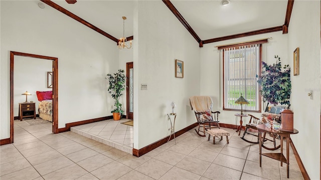 7884 N Lake Buffum Shores Rd, Fort Meade, FL 33841 - interior space featuring high vaulted ceiling, a notable chandelier, ornamental molding, and light tile patterned floors