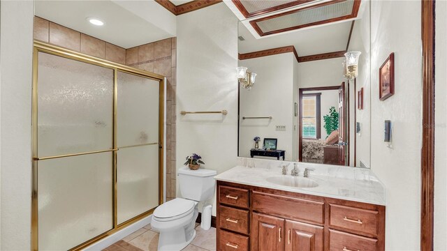 7884 N Lake Buffum Shores Rd, Fort Meade, FL 33841 - bathroom featuring an enclosed shower, tile patterned floors, toilet, vanity, and ornamental molding
