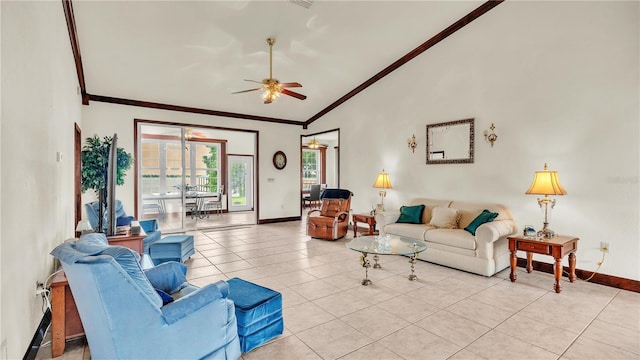 7884 N Lake Buffum Shores Rd, Fort Meade, FL 33841 - tiled living room with ornamental molding, high vaulted ceiling, and ceiling fan