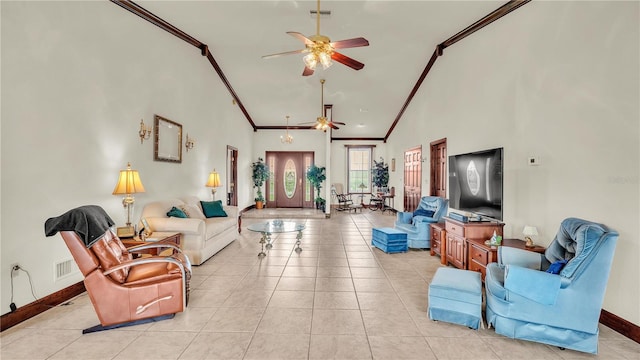 7884 N Lake Buffum Shores Rd, Fort Meade, FL 33841 - living room with high vaulted ceiling, crown molding, ceiling fan, and light tile patterned floors
